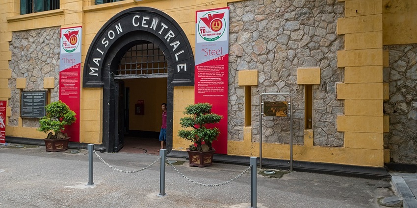 The entrance gate of Hoa Lo jail museum in Vietnam, known as the "Hanoi Hilton" during the Vietnam War.