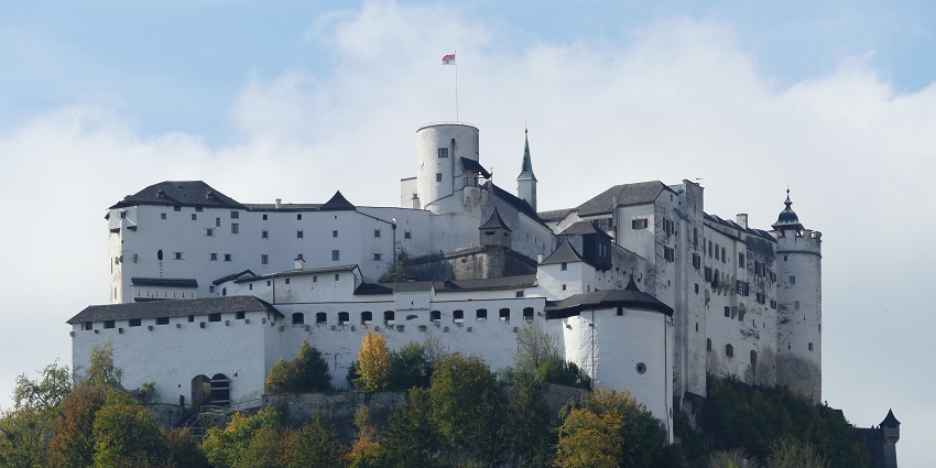 A scenic view of Hohensalzburg Fortress, Austria, standing majestically over Salzburg