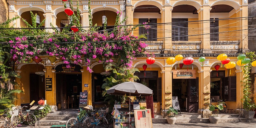 An image of a shophouse in Hội An Ancient Town, Vietnam, with traditional architecture.