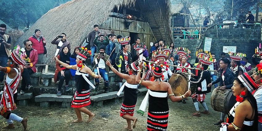People celebrating the Hornbill Festival, one of the international festivals of India.