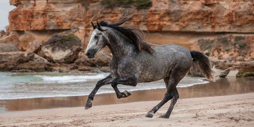 Multiple people horse riding on the sandy shoreline with the ocean in the background