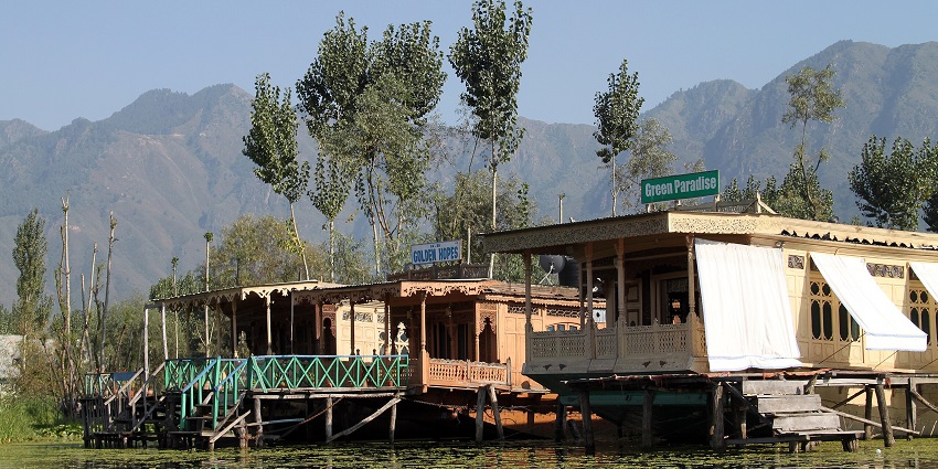 Multiple houseboats in the lake with a stairway to the lake and signage on the houseboats.