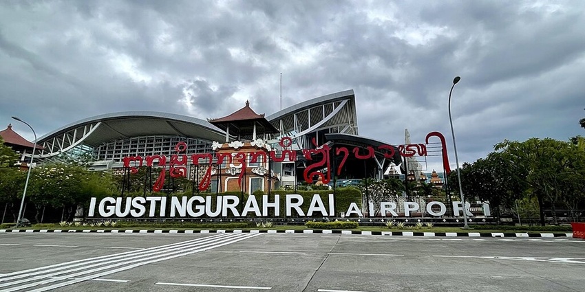 Entrance sign of Ngurah Rai International Airport, the busiest airport in Bali, Indonesia.