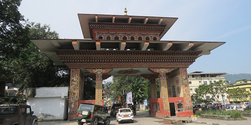 View of the Bhutan gate, with the clear bright sky in the backdrop