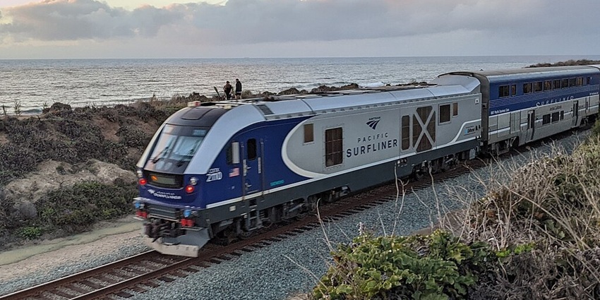 Image of the Amtrak Pacific surfliner, standing on the sandy shores