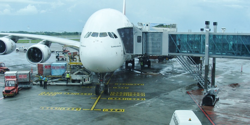 Image of an Emirates Airbus A380 at Sir Seewoosagur Ramgoolam International Airport in Mauritius.