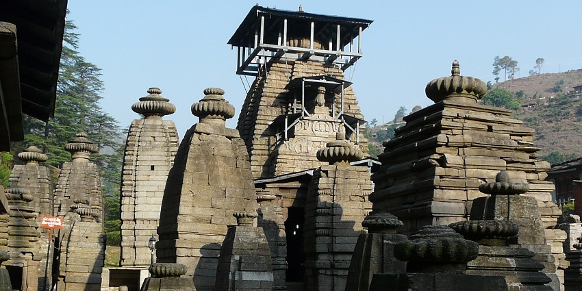 View inside the courtyard of the Jageshwar temple, reflecting intricate architecture