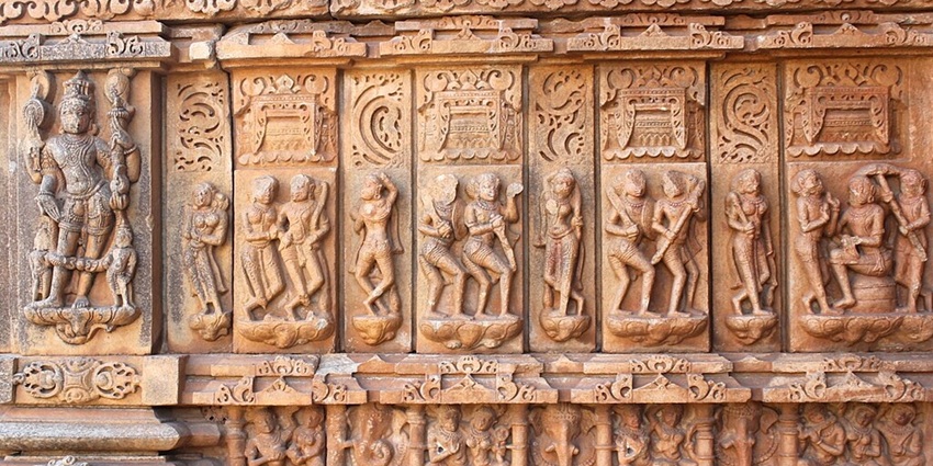 Close up view of the intricate carvings on the walls of the temple