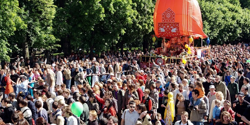 Rath Yatra (chariot procession) from ISKCON temple features a vibrant parade of devotees with Lord Krishna’s chariot.