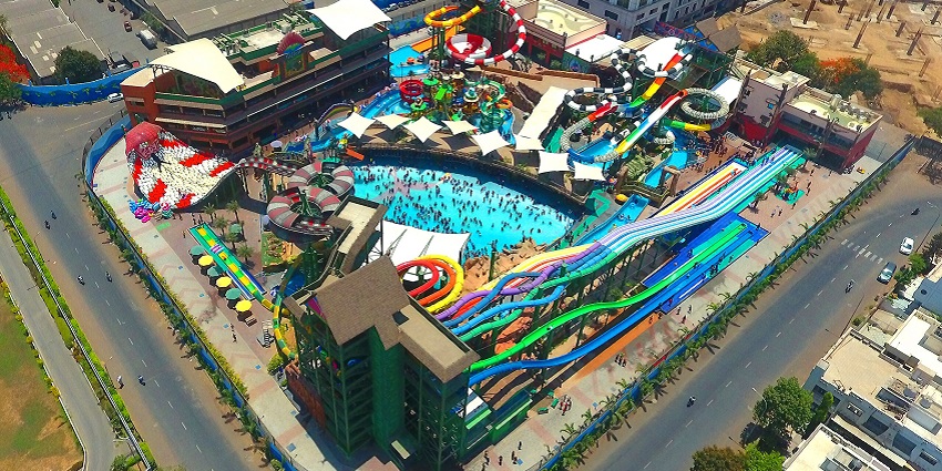An image of a top view of Imagicaa, capturing the expansive attractions and rides at Imagicaa Park.