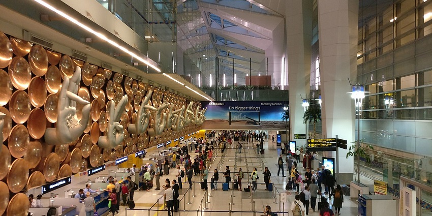 An image of a sculpture of hasta mudras at Indira Gandhi International Airport, showcasing Indian culture