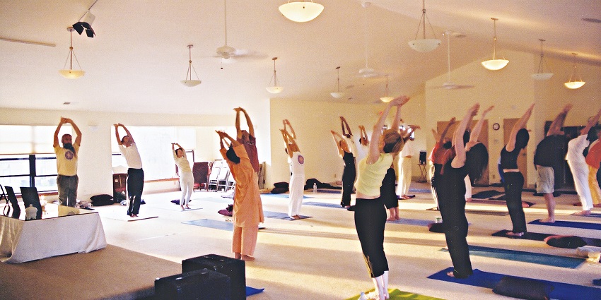 Image of a group performing yoga during one of the famous march festivals in India