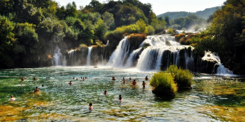 Refreshing swim in a crystal-clear, pristine swimming pool surrounded by lush greenery.