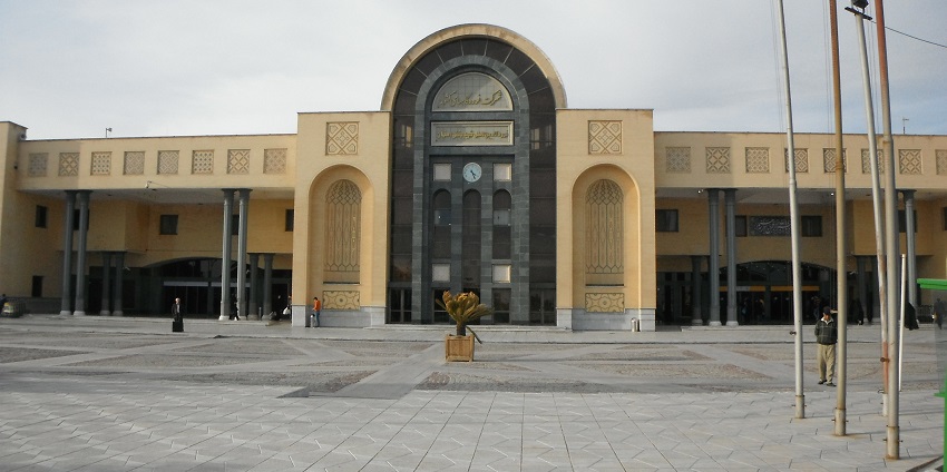 Unique building of Isfahan International Airport with a statue in the middle of the complex.