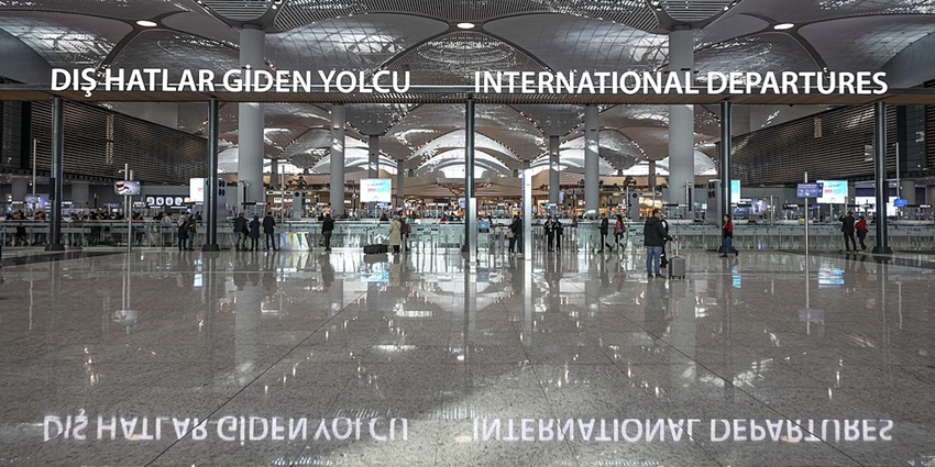 Aerial view of Istanbul Airport, showing large terminals, runways, and parked aeroplanes