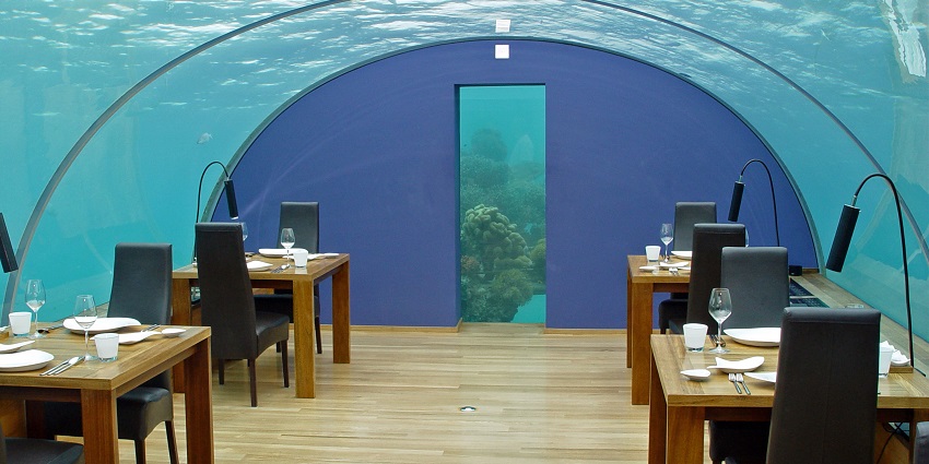 Inside Ithaa Undersea Restaurant, one of the best restaurants for Valentine's Day