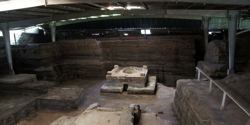 Ancient ruins are resting under a protective shelter at Joya de Cerén, El Salvador.