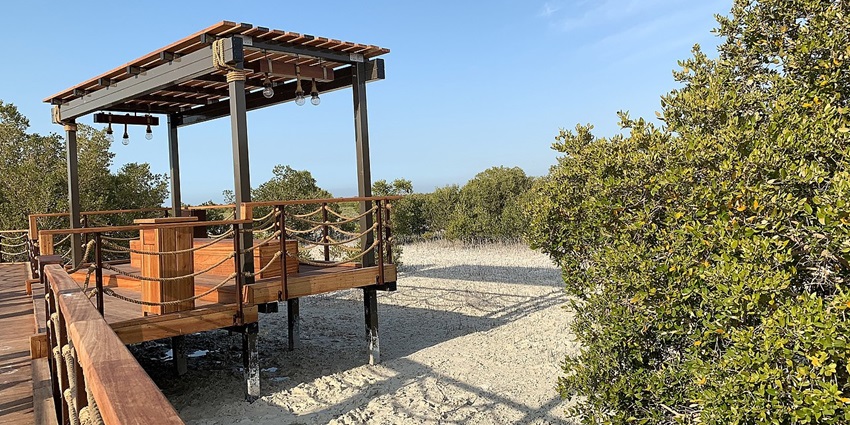 A serene view of Jubail Mangrove Park, showcasing lush greenery and wooden architecture