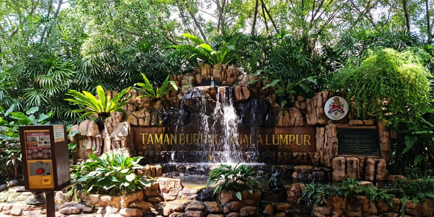 An image of man-made waterfall located besides ticketing counter at Kuala Lumpur Bird Park