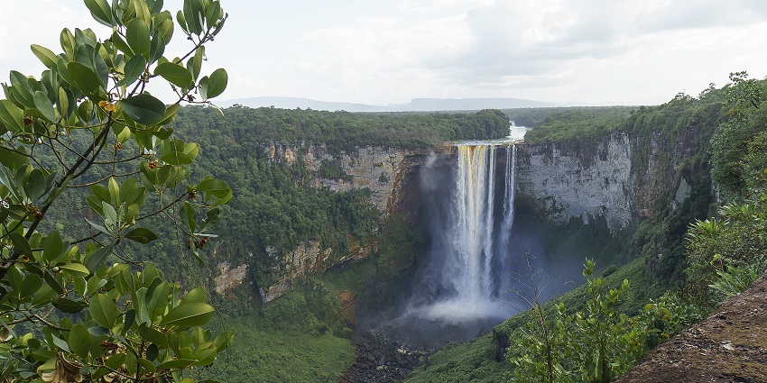 A powerful, isolated waterfall, dropping 741 feet into the Amazon rainforest.