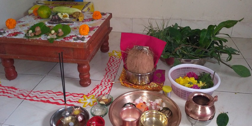 An image of the preparations made for the veneration of Kajari Teej, one of the festivals in Shravan month.