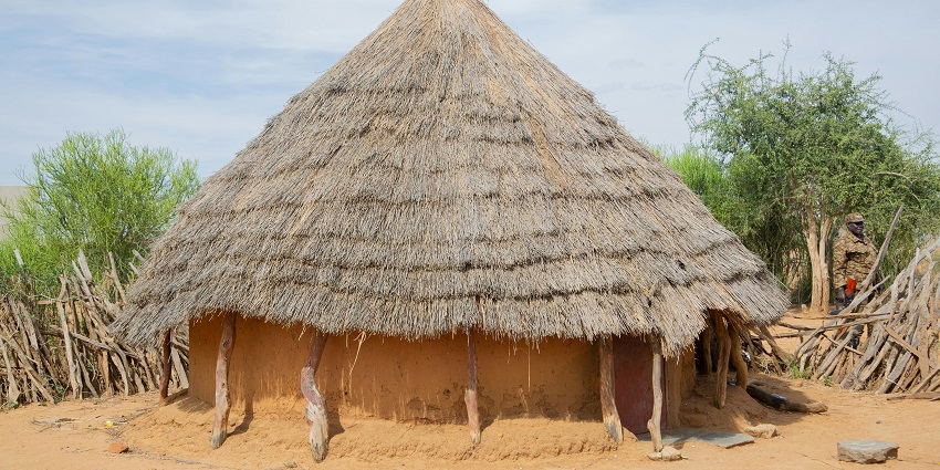 A small, round hut made of mud and with a thatched, conical roof in a rural area
