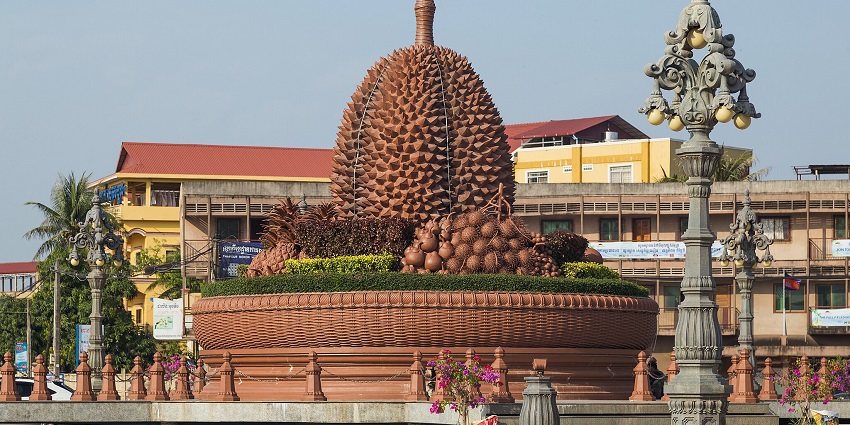 An image of the Rondo Durian landmark in Kampot, a notable feature of the town centre.
