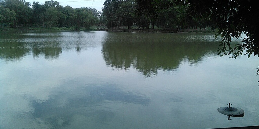 Karnala Lake with a green water body surrounded by greenery under a bright blue sky