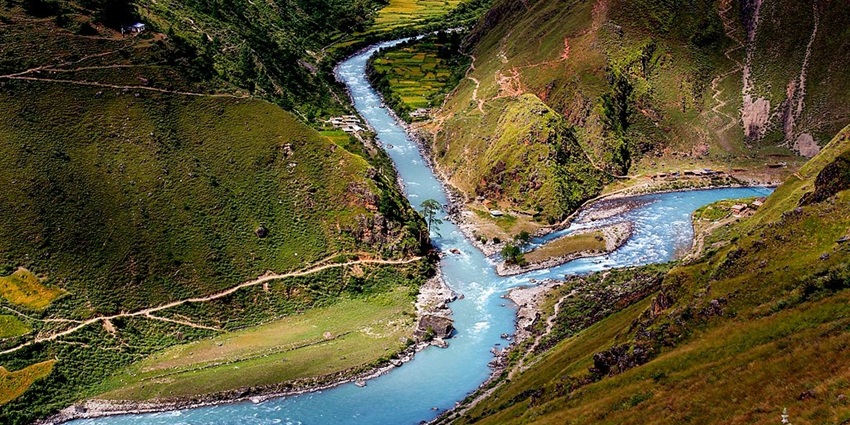 Karnali River with a light blue water body, one of the places near Rara Lake in Nepal.
