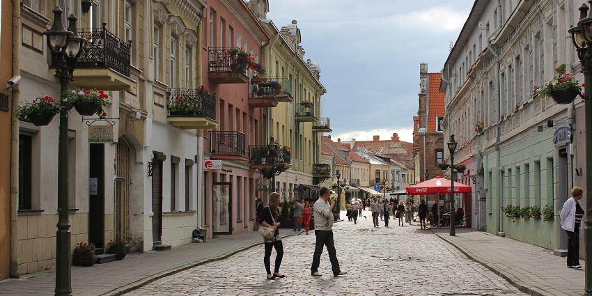 Quaint street view of Kaunas Old Town with historic buildings and cobblestone paths