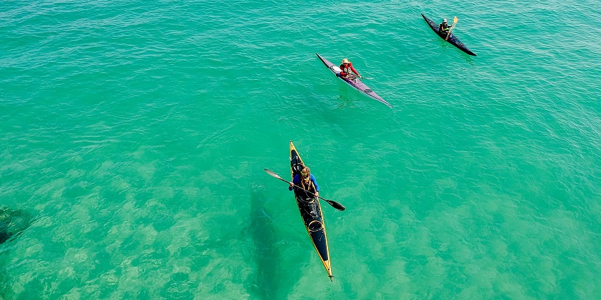 An image of three people kayaking on water surrounded by a forest and rocky terrain.