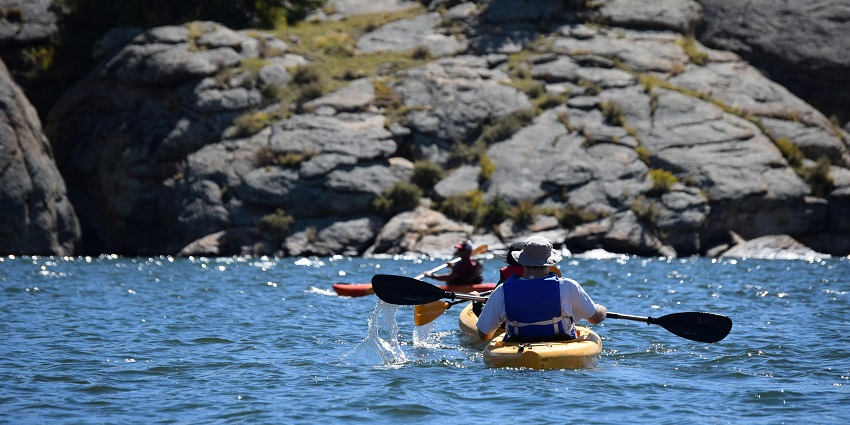 An image of a kayaker paddling on a calm lake, surrounded by trees with green leaves.