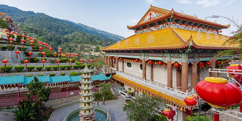 An aerial view of the premises of Kek Lok Si Temple in Malaysia, located amidst hills