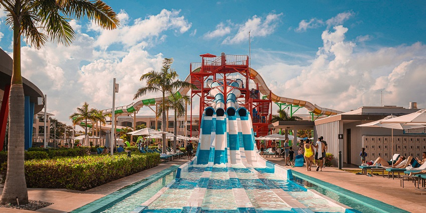 An aerial view of a top water park in Kurukshetra featuring slides, pools, and vibrant attractions.