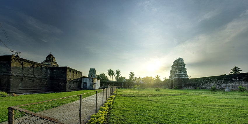 Sunrise at Bhimeswara Swamy Temple in Konaseema District, Andhra Pradesh.