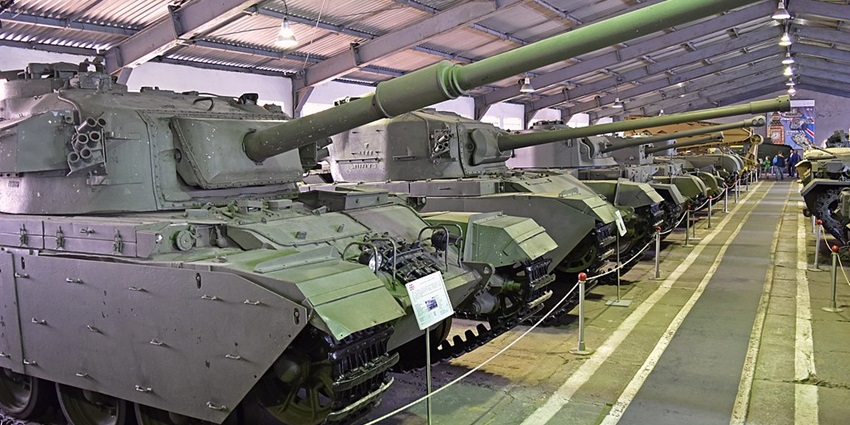 A collection of tanks and artillery weapons is displayed at the Kubinka Tank Museum, which is one of the renowned artillery museums.