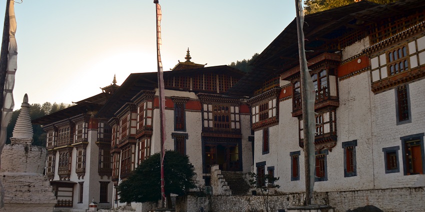 An image of Kurjey Lhakhang, a famous tourist destination in Bumthang Valley, Bhutan.