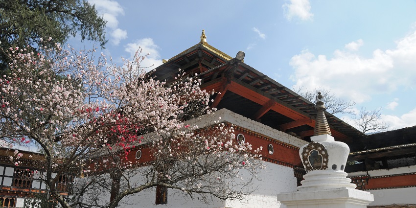 The beautiful and serene Kyichu Lhakhang temple in Paro, Bhutan, surrounded by lush green gardens.