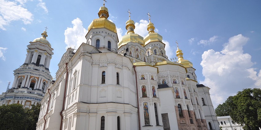 A UNESCO World Heritage monastery in Ukraine with underground caves and golden-domed churches.