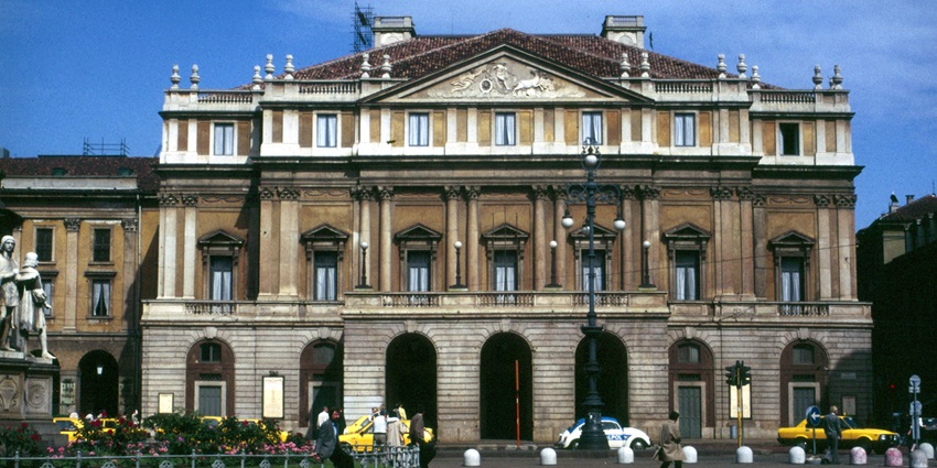 People at the La Scala Opera House on a less busy day in Milan, Northern Italy.