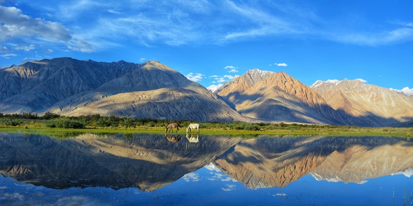 An image of a vast, rugged mountain landscape with the mirror lake in Ladakh.