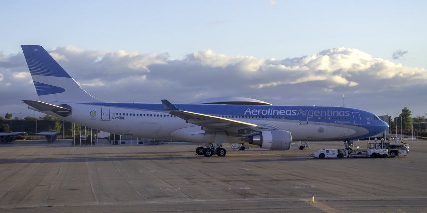 Aerolineas Argentinas aeroplane parked, at one of the airports in Uruguay
