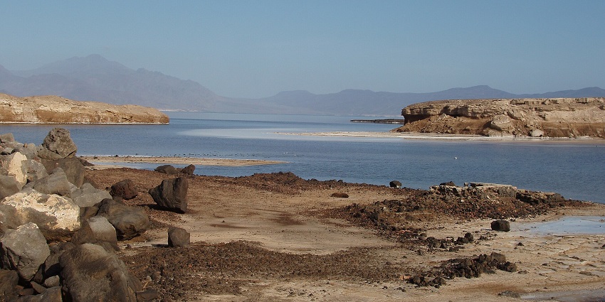 View of Lake Assal with turquoise waters and salt flats