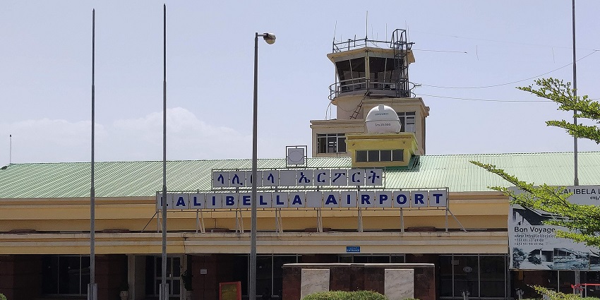 Terminal Building of Lalibela Airport in Ethiopia with a modern facade and clear blue sky above