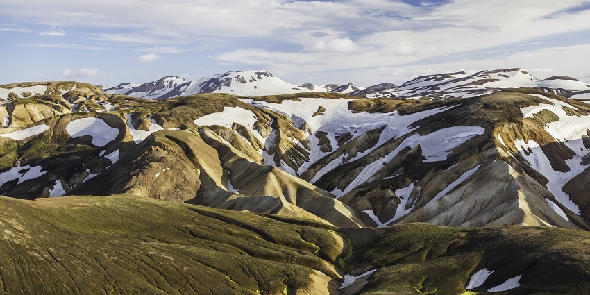 mountains and a trekking path on the Laugavegur Trail are ideal for trekking in July.