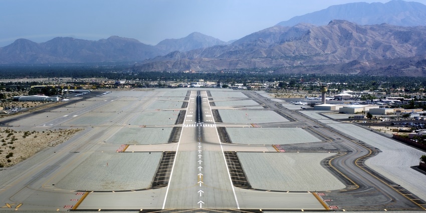 An aerial view of an empty runway at Palm Springs International Airport