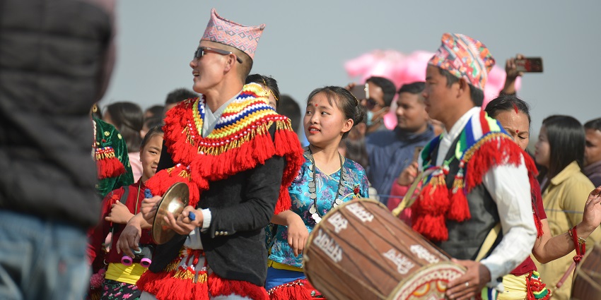 Traditional music performers amidst the celebrations of the festival
