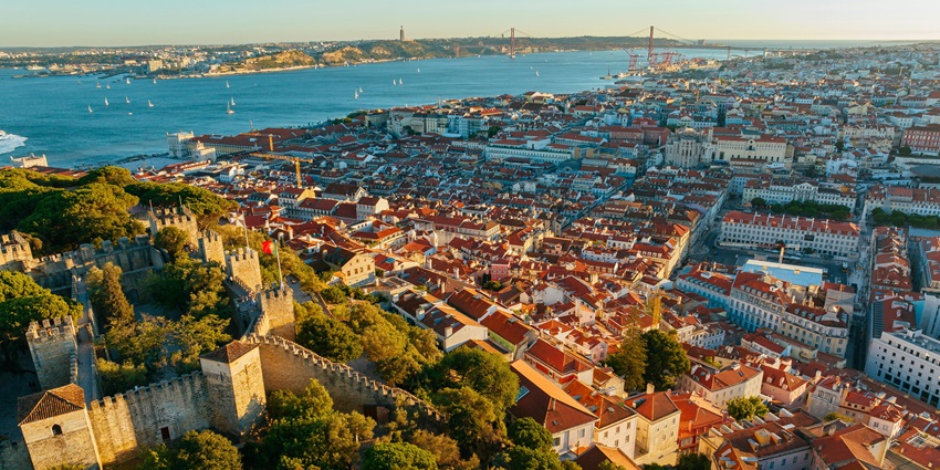 Aerial view of Lisbon in Portugal with beautiful colourful views under blue sky