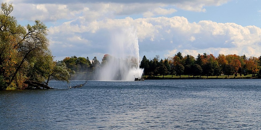 Little Lake’s quiet waters and a fountain in the middle, one of the lakes in Oshawa.