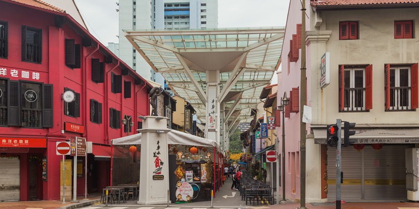 The bustling district near Chinatown Food Street, Singapore, specifically along Smith Street.